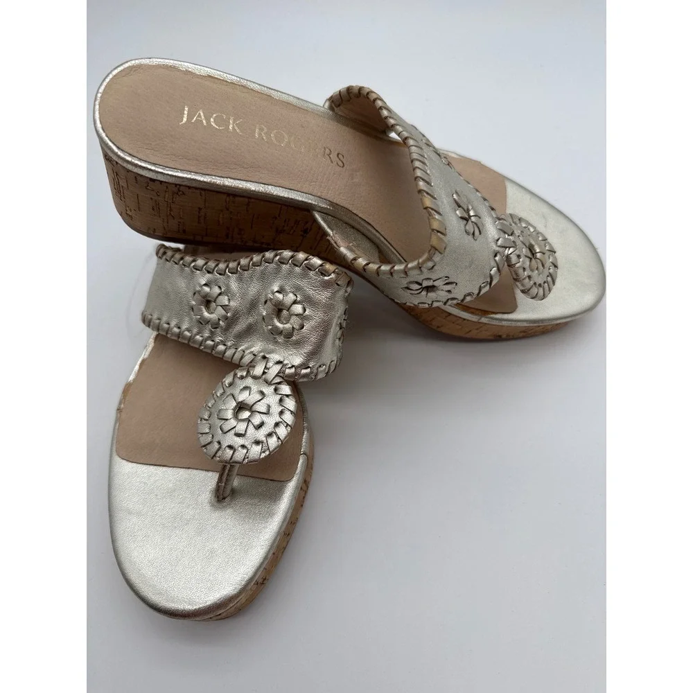 Jack Rogers Jacks Mid Wedge Sandals Platinum Gold Metallic Cork Heel Womens 7M